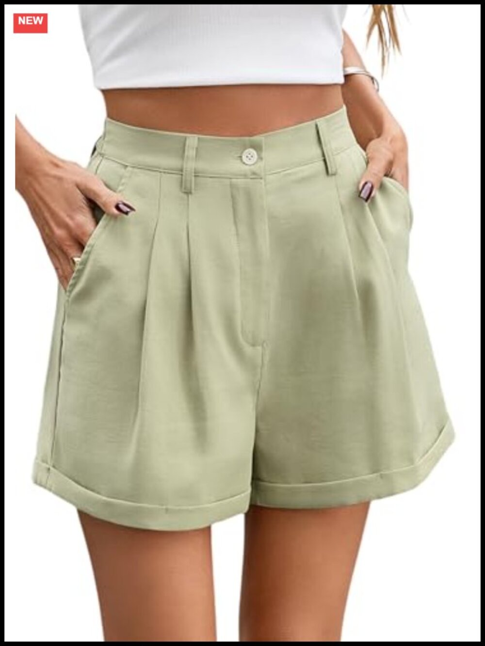 Linen Blend High Waisted Pleated Cuffed Shorts with Pockets
